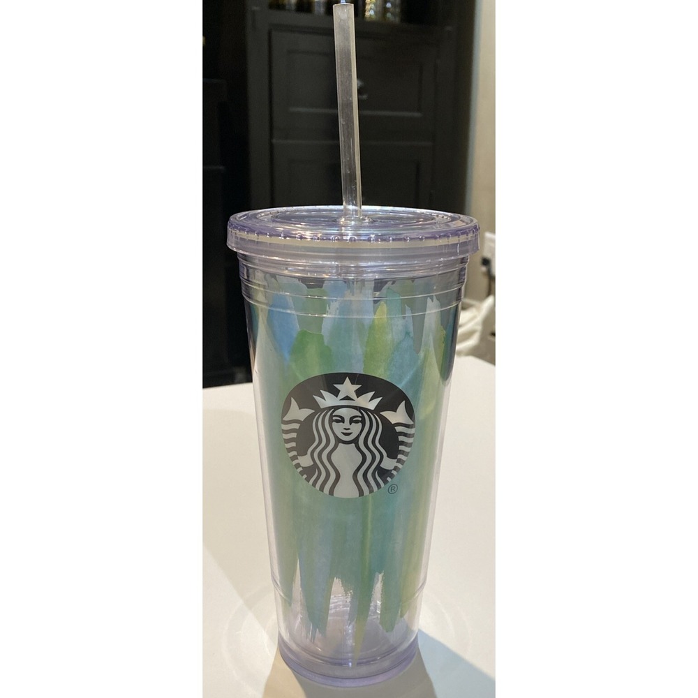 STARBUCKS Blue Green Paint Strokes 20oz Cold Cup Tumbler 2016 Spring Iced Coffee